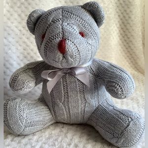 Baby Mode Grey Knit Plush Bear Stuffed Animal Toy with Grey Satin Ribbon Bow
